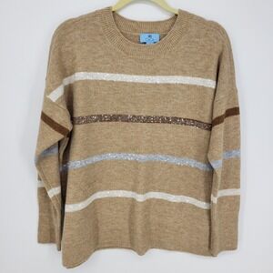CeCe Sequin Striped Crewneck Sweater Womens Sz S Tan Relaxed Shimmer Long Sleeve